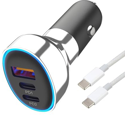 Caricatore Auto USB C 60W, Cavo di tipo C, Caricabatterie da Auto Accendisigari 12-24V con 3 Porte, Cavo USB C 66W, Ricarica Rapida per Smartphone 15-17 Serie, Galaxy S25/S24 e Altri Dispositivi