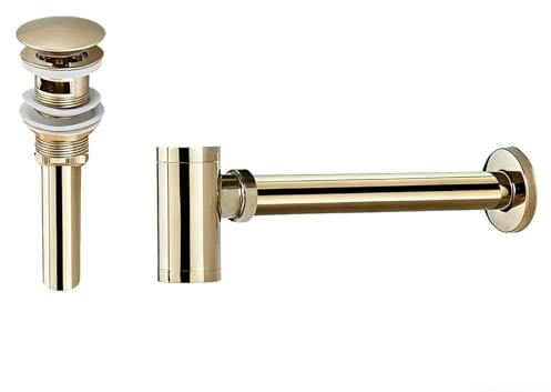 YWJFSA Siphon Lavabo avec Trop Plein,Bonde Pop-Up Clic Clac,Anti Odeur,Syphon en T Réglable Laiton Or Siphon Lavabo Extra Plat 1-1/4