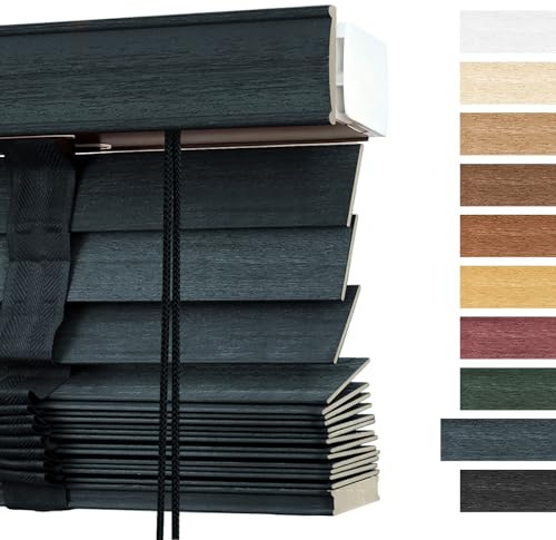 Blackout Wood Blinds for Indoor Windows, 2 Slats Privacy Faux Wooden Blinds 28 34 36 42'' 48'' 68 72 Cordless Horizontal Window Shades, Mini Venetian Blind for Office Bedroom(Dark Gray-Blue)
