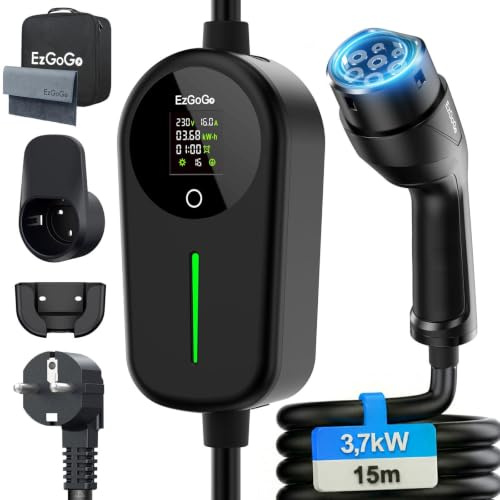 EzGoGo Typ 2 Ladekabel Schuko 3,7kW 15m EV Ladegerät für EVs & PHEVs E-Auto | Ladekabel Auto, 6-16A Einstellbar mit Steuerbare Digitalanzeige,für alle gängigen EV/PHEV