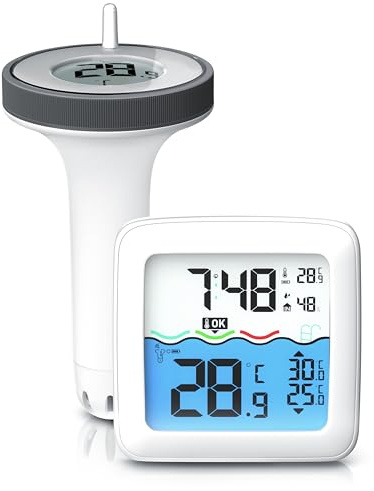 CSL - Funk Poolthermometer digital – Basisstation mit Schwimmer – Wassertemperatur Innentemperatur Luftfeuchtigkeit - DCF Uhrzeit – Pool Thermometer schwimmend