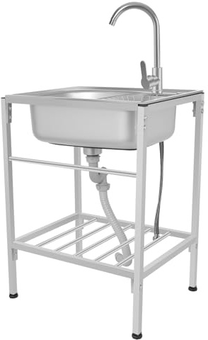Lavabo indipendente in acciaio inox, 60 x 45 x 75 cm, 1 vasca, mobile per garage industriale, per esterni, giardino, campeggio, con rubinetto, scolapasta per lavanderia, garage, cortile