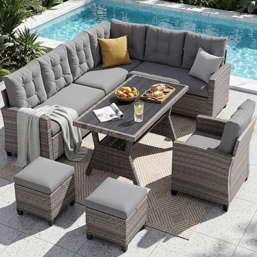 UDPATIO Rattan Gartenmöbel Set, Lounge Ecksofa mit Esstisch, Sessel & 2 Hocker, Wetterfest bis 8 Personen, Lounge Möbel Outdoor, Balkonmöbel, Terassenmöbel für Terrasse/Balkon/Garten, Grau
