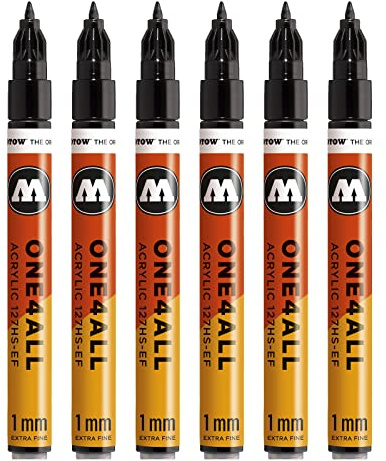 Molotow One4All 127HS-EF Acryl Marker 6er Packung, schwarz | 1,0 mm Strichstärke, hochdeckend und permanent, schnell trocknend, UV-beständig, nachfüllbar, für fast alle Untergründe