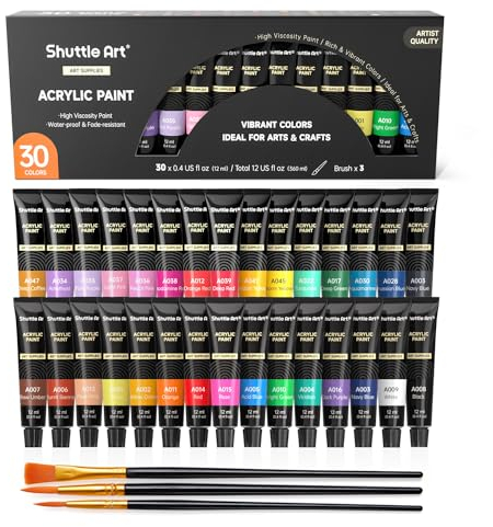 Shuttle Art Acrylfarben Set, 30 Acrylfarben wasserfest (je 12 ml) mit 3 Pinselset, perfekte Acrylfarben Set Kinder, Farben für Holz, Leinwand, Tontöpfen, Stein und Kunststoff, Acryl Farben