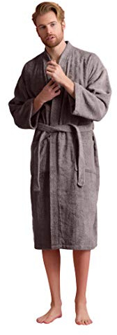 Mjuk känsla linne herrrock, turkisk frottébadrock, 100 % bomull kimono spa badrock, Grått, L