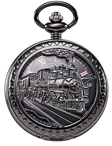 Treeweto - Orologio da tasca con catena, da uomo, analogico, caricamento a mano, decorazione con locomotiva a vapore, numeri romani, colore nero