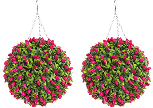 Pair of Best Artificial TULIP Flower Balls Lush Long Leaf Topiary Grass (38cm, Pink)