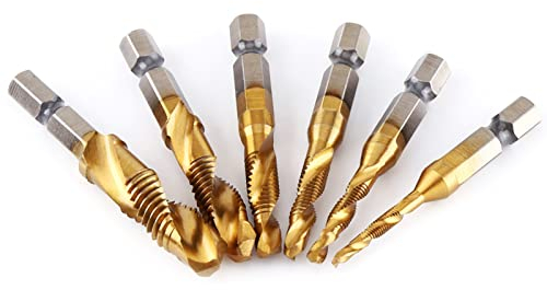 Kombi Bohrer Gewindebohrer, 6-tlg 1/4 HSS M3-M10 Metrisches Gewinde Bohrer und Gewindebohrer, Sechskantschaft Schnellarbeitsstahl-Maschinen-Gewindebohrer-Satz