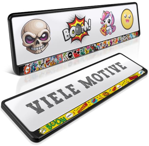 2 Kennzeichenhalter | Stickerbomb | Comic Sticker bunt | Viele Motive | Smiley Nummernschildhalter | Kennzeichen-Halterung | Nummernschild-Halterung | Auto-Kennzeichen | Auto-Schilder