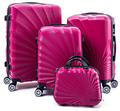 R.Leone Valigia da 1 pezzo Fino a Set 4 Trolley Rigido grande, medio, bagaglio a mano adatto Ryanair 55x40x20cm e beauty case 8 ruote in ABS 2092 (Fucsia, Set 4 XS S M L)