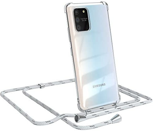 EAZY CASE Handykette kompatibel mit Samsung Galaxy S10 Lite Handyhülle mit Umhängeband, Handykordel mit Schutzhülle, Silikonhülle, Hülle mit Band, Stylische Kette für Smartphone, Weiß/Silber