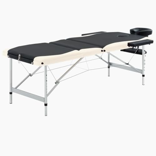 vidaXL Massagetisch Klappbar 3 Zonen mit Tragetasche Therapie Massageliege Massagebank Kosmetikliege Therapieliege Massage Liege Aluminium Schwarz Beige