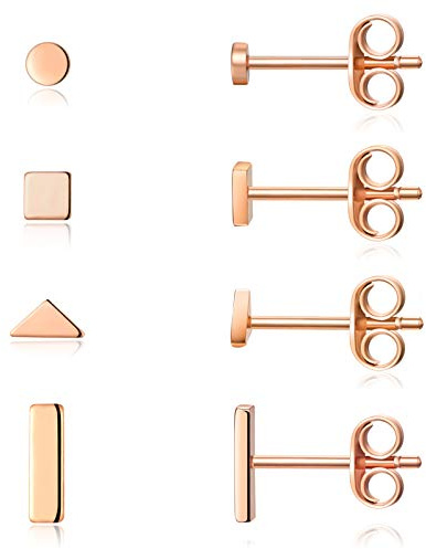 Damen Ohrringe Silber 925, 4 Paar Klein Ohrstecker Set für Damen Herren, Kreis Quadrat Dreieck Stab Ohrringe Gold Silber 925 Set Schmuck Geschenk (Rosegold)