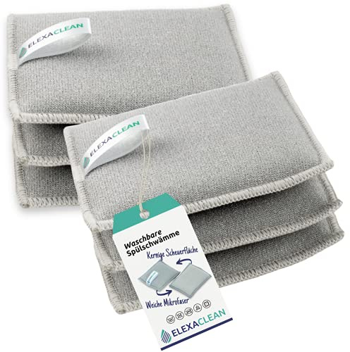 ELEXACLEAN Spülschwamm 6er Set, Topfreiniger waschbar & wiederverwendbar, Mikrofaser Küchenschwamm für Geschirr & Haushalt, (12x10 cm, Hellgrau)