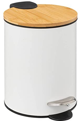 5Five - Papelera de baño - Blanco - Color Moderno - Tapa de bambú - Cubo extraíble y asa Trasera