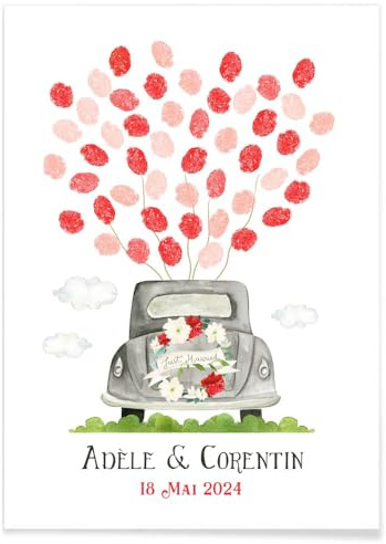 Arbre à empreintes personnalisé de mariage, fiançailles | Arbre empreinte Voiture jeunes mariés Just Married | Cadeau de mariage original et personnalisable - Impression papier A4