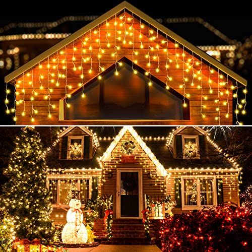 ELKTRY 400 LED Eisregen Lichterkette Außen, 10M Erweiterbare Lichterkette Vorhang Fenster mit Timer Innen Strombetrieben 8 Modi IP44 Warmweiß Eiszapfen Lichtervorhang aussen für Traufe Garten Balkon