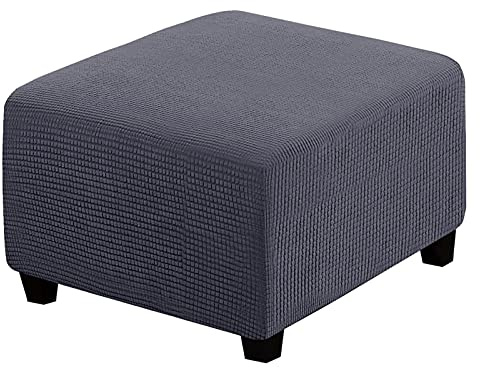 MVPACKEEY Quadratischer Ottoman-Bezug, weicher Stretch, atmungsaktiv, Jacquard, Ottoman-Husse, wasserdicht, rutschfest, Hockerschutz mit elastischem Boden, Maschine (Dunkelgrau)