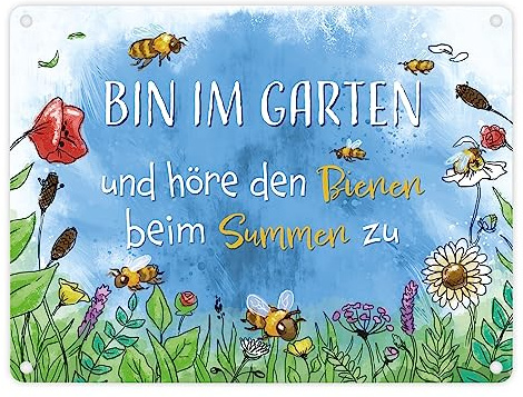 Bin im Garten Metallschild in 15x20 cm mit Blumenwiese und Bienen als Dekoration für den Garten oder den Gartenzaun im Frühling