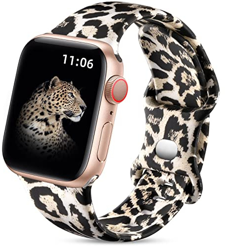 Upeak Doppelseitiges Blumenarmband für Apple Watch Armband 45mm 44mm 46mm 42mm(Series 1 2 3), Silikon Armband für iWatch Ultra 3/11/10/9/8/7/6/5/4/3/2/1/SE, 44 45 46 49 42mm(S 3 2 1)-S/M, Leopard