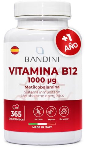 Bandini® Vitamina B12 365 Compresse (+ 1 Anno), Metilcobalamina 1000µg, 100% Vegan, Vitamine B 12 per il Sistema Immunitario, Vit per Normale Metabolismo energetico, Stanchezza Fisica e Mentale