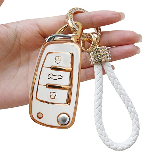 TTCR-II Yumzeco Silicone TPU Autoschlüssel Hülle Cover, 3 Tasten Autoschlüssel Cover Kompatibel mit A1 A3 A4 A5 A6 Q3 Q5 Q7 S3 S4 RS5 RS6 TT, Auto Keyless Smartkey Schutzhülle mit Schlüsselbund(Weiß)