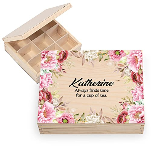 Ferocity Coffret à thé en bois personnalisé avec nom YOUR TEXT 20,5 x 23,5 cm Boîte de rangement pour sachets de thé avec 6 compartiments avec design personnalisé UV Finds Time [160]