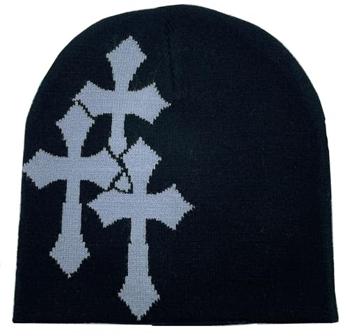 Y2K Strickmütze, Kreuzgrafik, für Herren und Damen, Jacquard-Mütze, Punk, einfarbig, Outdoor-Sport, Trend Beanie