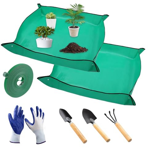 Infreecs 7 Stück Mini Gartenwerkzeug Set, 2 Stück wasserdichte Pflanzmatte, mit 3 Gartenschaufel, Handschuhe und Pflanzenbinder, Faltbare Umtopfmatte für Sukkulenten und Sämlinge