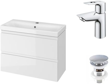 VBChome Badmöbel 80 cm Weiß mit Armatur Chrom und Pop-up ventil Waschbecken mit Unterschrank Waschtisch 2-Schubladen Badschrank Hängeschrank Armatur