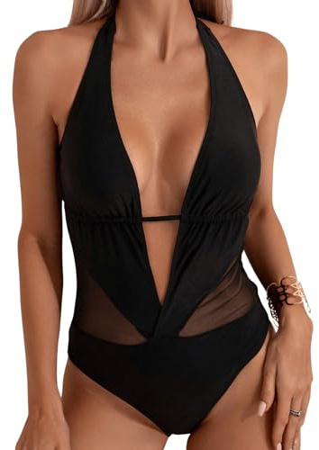 GORGLITTER Mesh Badeanzug Damen Einteiliger Sexy Schwimmanzug Neckholder Mit Cut Out Bademode Schwarz L