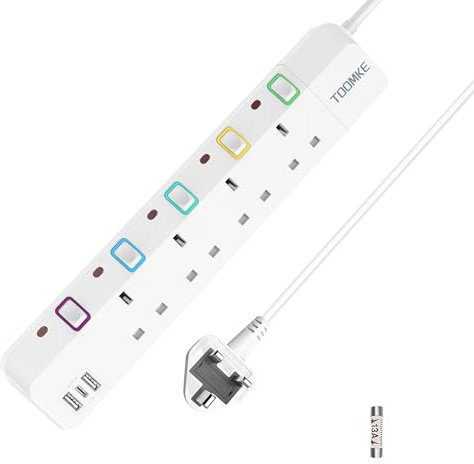 Extension Lead with USB Slots, Toomke 4 Way Plug Extension Socket with 2 USB-A and 1 USB-C, Mountable Power Strip with Individual Switches, UK Plug Socket 1.5m Extension Cord 13A 3250W