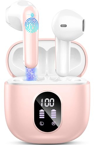Bluetooth-hörlurar, 2025 Bluetooth 5.3-hörlurar med HiFi-stereo, trådlösa hörlurar i örat med 4 ENC-mikrofon, Bluetooth-hörlurar sport 50H LED-skärm trådlösa IP7-hörlurar vattentäta öronsnäckor rosa