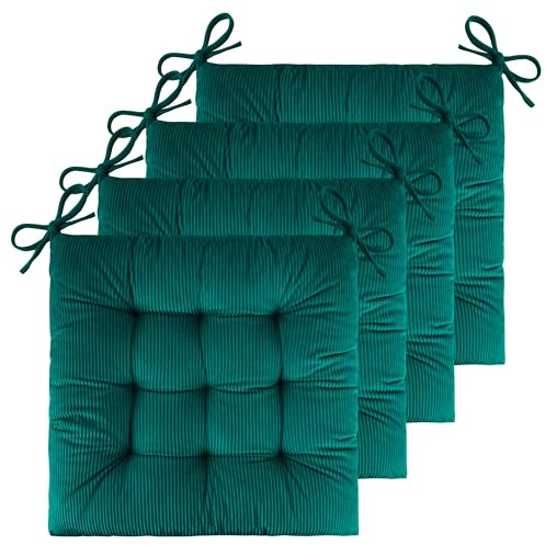FlyGulls Set of 4 Chair Cushions for Dining Chairs 18 x 18 Corduroy Chair Seat Cushion for Office and Kitchen Chair Comfort Chair Cushion for Long Sitting (48x48cm Deep Green) | Corduroy Fabric to Elevate the Look of Chair and Room, Soft-Touch, Long Ties, for Dining Kitchen Office Chairs, Easy Care