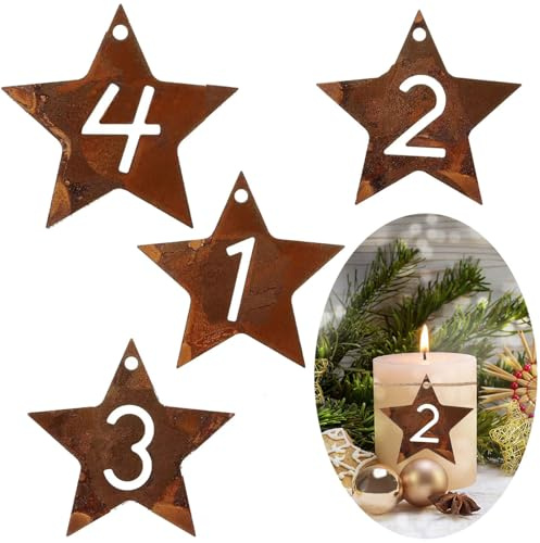 HERZONE Metall adventsnummer 1–4 adventskrans, siffror trä 1 2 3 4 för ljus, ljusstake, trä, hänge, dekoration, ljusstake, jul, ljus, dekoration, adventsdekoration (stjärnor)