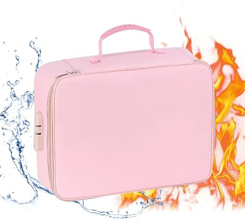 FQMYLTYN Dokumenten Organizer Tasche mit Zahlenschloss, feuerfeste Dokumentenbox, Tragbare 4-lagige Reise-, Home Office Ablage- und Sicherheitstasche für Akten, Bargeld, Laptop, Reisepass(Pink)