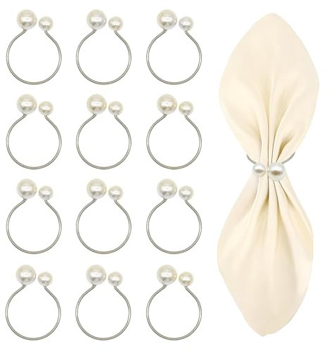 Wondora 12 Stück Serviettenringe Silber, Napkin Rings Mit 2 Perlen, Serviettenringe Weihnachten Metall Servietten Ringe, Geeignet für Weihnachten, Thanksgiving, Ostern, Geburtstag, Bankett, Party