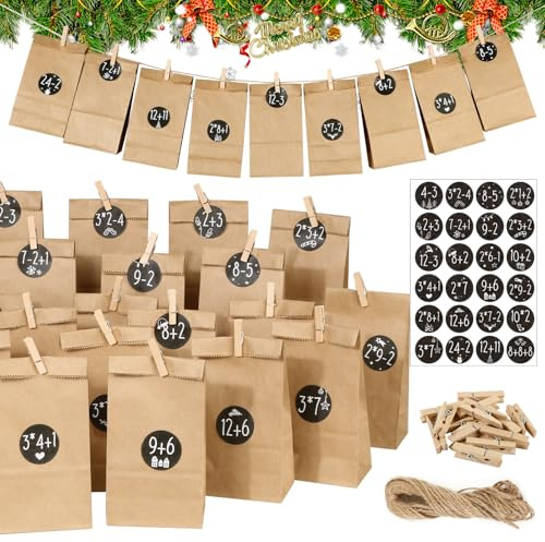 BOOMTOP 2024 Adventskalender zum Befüllen 24 Tüten Kraftpapier Papiertüten mit Zahlen Aufkleber 1-24 Weihnachten Tüten Geschenktüte Weihnachtskalender zum Selber Basteln mit Klammern und Juteschnur