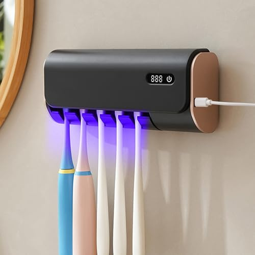 UV-Zahnbürste Sanitizer, Zahnbürstenhalter zur Wandmontage mit 5 Elektrischer Pinselschlitzen, Sterilisation & Trocknungs Funktionen Wasserdicht, Staubdicht für Kinder und Erwachsene (Schwarz)