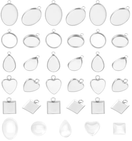 UNICRAFTALE 200 Stücke 5 Stile Cabochon Anhänger Einstellungen Edelstahl Leere Einfassungs Anhängerschalen Oval Tropfen Herz Flachrund Quadrat Basis Anhänger Glas Cabochon für Schmuckherstellung