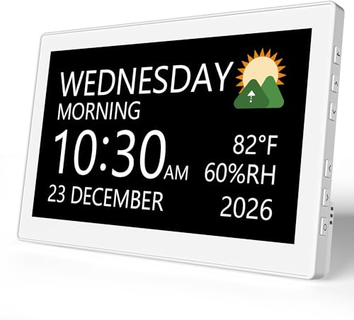 Raynic Digital Clock,10.1 Inch Large Display Calendar Clock with 12 Themes, 20 Alarms, 20 Reminders, Auto Dimming,12/24 Hours, Temperature, Humidity for Seniors, Desk, Wall Mounted