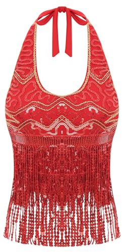Agoky Damen Pailletten Top Neckholder Shirt Bauchtanz Oberteile mit Glitzer Fransen Sport Crop Tops Tanz Gogo Outfits Motto Party Clubwear