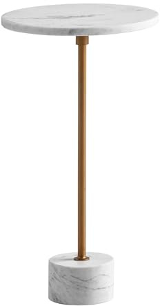 FineBuy Beistelltisch Rund 30x30x55,5 cm Metall Weiß mit Marmorsockel | Anstelltisch mit Sockel aus echtem Marmor, kleiner Abstelltisch handgefertigt, Wohnzimmertisch, Dekotisch