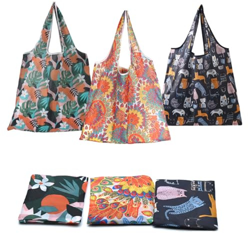 3 Pack Foldable Shopping Bag Reusable Shopping Bags Large Foldable Shopping Tote Bag Waterproof Tote Shopping Bag for Daily Shopping Groceries Travel Storage