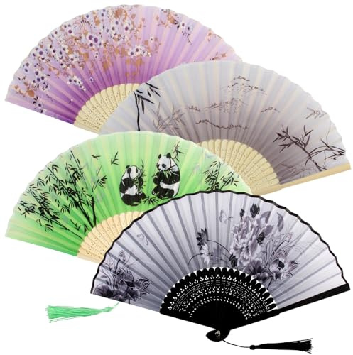 WACH AUF 4 Folding Fans Handheld with Tassel Chinese Fan Silk Fabric Hand Fans Wood Handmade Hollow Carved Handheld Fan Silk Fabric Fans Chinese Vintage Style Folding Fan for Wedding Home Decoration
