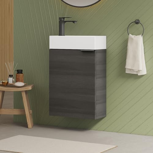 EMKE Waschbecken mit Unterschrank 41 cm, Kompaktes Waschtisch-Set mit Keramikbecken für Gäste-WC & kleines Bad, Waschtisch mit Unterschrank, Anthrazit