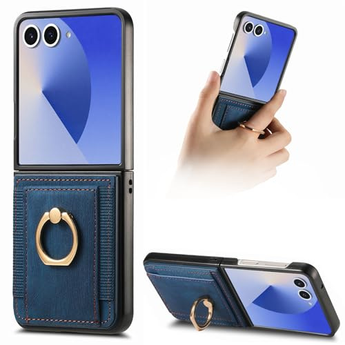 Knoowcase for Samsung Galaxy Z Flip 7 Phone Case Wallet Shockproof Bumper with Ring Holder Card Slots PU Leather Case Anit-Fall Anti-Drop Kickstand Back Cover for Samsung Z Flip 7 Case,Blue