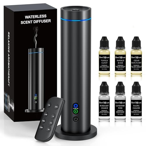 Waterless Diffuser, 1000 Sq.Ft Coverage, Essential Oil Diffuser– Plug-in Only, Remote Control, Adjustable Mist Mode, Mood Lights Aromatherapy Diffuser for Home, Large Room, Office, Hotel, Black