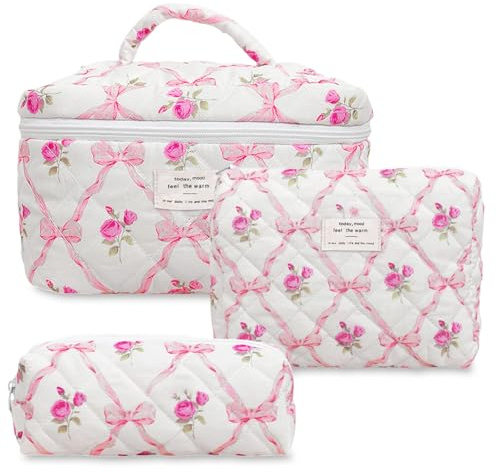 Aucuu 3 st set kosmetikväska, resa sminkväska set damer, necessär med blommönster, quiltad necessär, sminkväska, bärbar sminkväska för flickor kvinnor, ^10 rosa diamantrosett, Klassisk